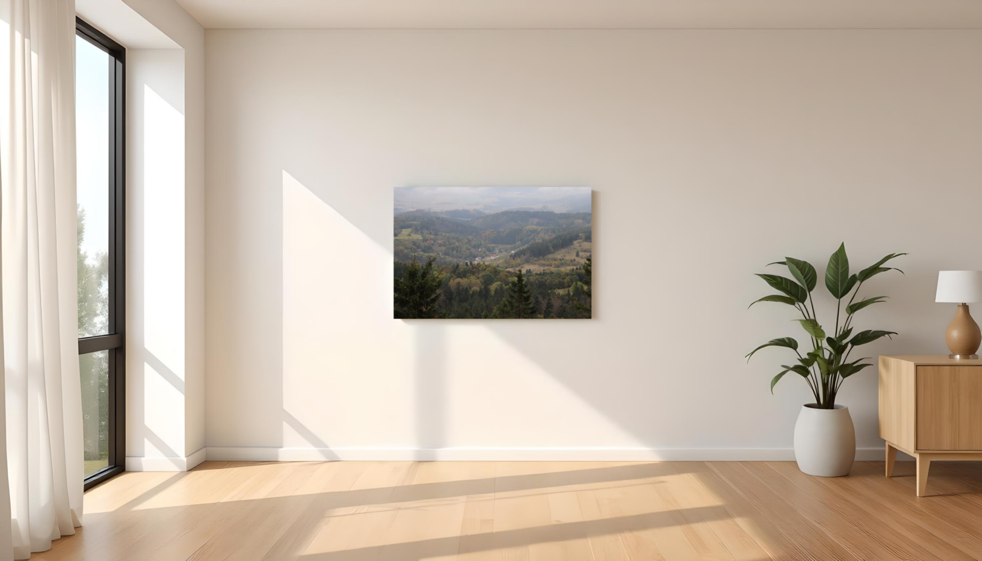 Obraz Mglista Dolina na ścianie w jasnym wnętrzu