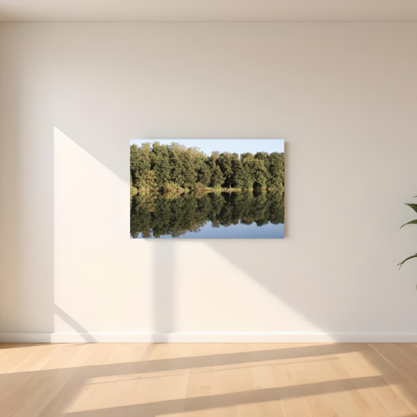 Obraz na płótnie z odbiciem drzew w spokojnej wodzie w jasnym, minimalistycznym wnętrzu